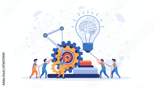 Business concept of teamwork and collaboration, with tiny people working together to launch a giant lightbulb with a brain inside, symbolizing innovation, ideas, and problem-solving, set against a