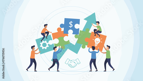 Business concept metaphor of teamwork and collaboration, with diverse people connecting puzzle pieces symbolizing strategy, growth, innovation, and financial success, set against a backdrop of upward