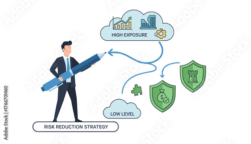 Conceptual illustration of a businessman holding a giant pen, symbolizing risk reduction strategy, with icons representing high exposure to business risks like financial loss and market volatility