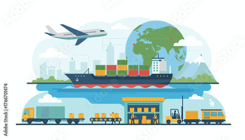 Vibrant illustration depicting global logistics and import-export industry, showcasing a cargo ship, airplane, trucks, trains, warehouse, and the Earth, symbolizing international trade and
