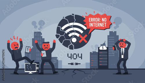 Frustrated business people experiencing internet disconnection and 404 error, symbolizing network failure and technology problems in a modern city setting with cracked Wi-Fi symbol and broken