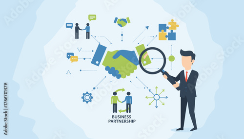 Business partnership concept illustration with a man in a suit examining a handshake through a magnifying glass, surrounded by icons representing collaboration, strategy, and communication