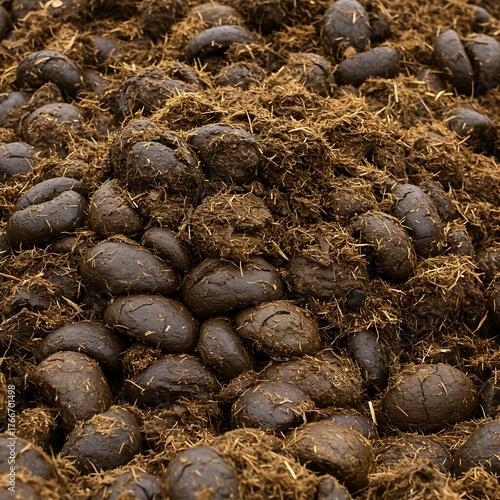 Close-up of a large pile of fresh horse manure mixed with straw, ready for composting.