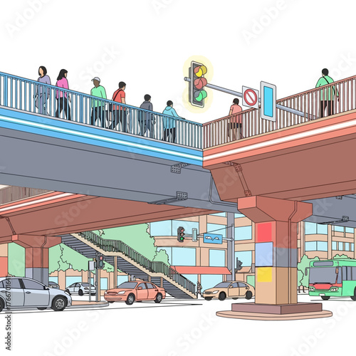 City Pedestrian Overpass Illustration of Urban Infrastructure with People Crossing and Traffic Below