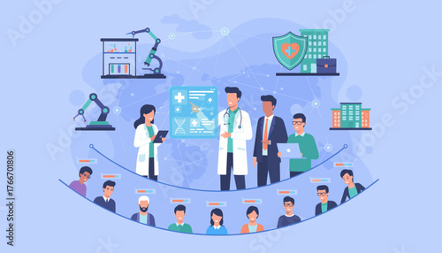 Modern digital healthcare concept with doctors and patients interacting via futuristic technology, showcasing medical innovation, research, and patient care in a connected global network, symbolizing
