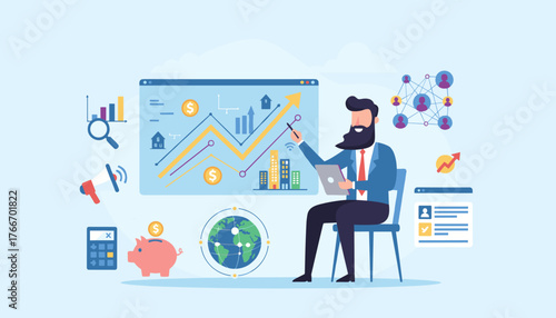 Digital marketing business finance and investment concept with a man analyzing growth charts, global network connections, piggy bank, calculator, and megaphone, illustrating financial strategy and
