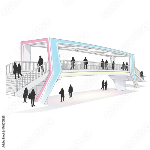 Conceptual design of a modern pedestrian overpass bridge, an architectural illustration with silhouettes of people in an urban setting