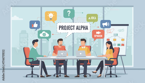 Modern business meeting in a bright office with diverse team members collaborating on Project Alpha, using laptops and discussing ideas via speech bubbles featuring icons for lightbulb, question