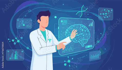 A scientist in a lab coat interacts with a holographic display showing a detailed brain scan and various scientific data, representing advancements in neuroscience and medical technology, with DNA