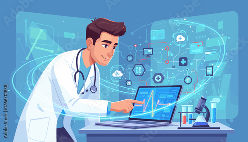 A smiling doctor in a white lab coat with a stethoscope around his neck analyzes heartbeat data displayed on a laptop screen, surrounded by futuristic medical technology icons and glowing blue