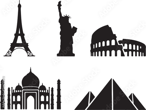 World Travel Silhouette Icons Monuments Landmarks Building Vacation Journey Destination Tourism