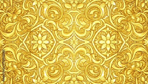 Intricate and luxurious golden mosaic glass background featuring ornate floral patterns and swirling arabesque designs, creating a rich and opulent texture with a shimmering, glittering effect
