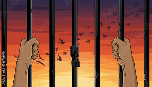 Symbolic image of hands gripping prison bars, with a flock of birds soaring freely in the vibrant sunset sky, representing hope, freedom, and the desire for escape from confinement and limitations.