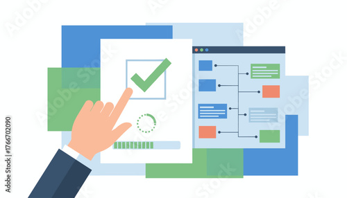Close-up of a hand in a suit jacket touching a green checkmark on a digital checklist, indicating completion or success, with a progress bar and a flowchart diagram in the background, symbolizing