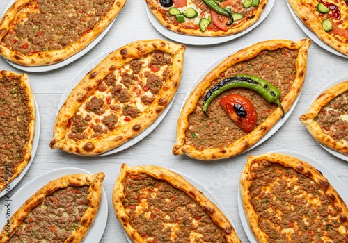 Delicious Turkish Pide and Lahmacun Variety Overhead Shot.