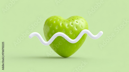Minimalist 3D rendered green heart-shaped strawberry with a white pulse line, glossy and smooth, representing healthy fruit, cardiac monitoring, and vitality.