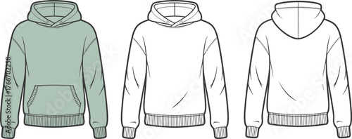 Hooded sweatshirt technical flat sketch front and back, green hoodie illustration, fashion design, garment construction, cad drawing vector