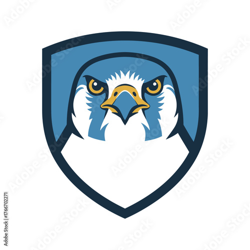 Blue falcon head emblem on shield vector graphic hawk bird