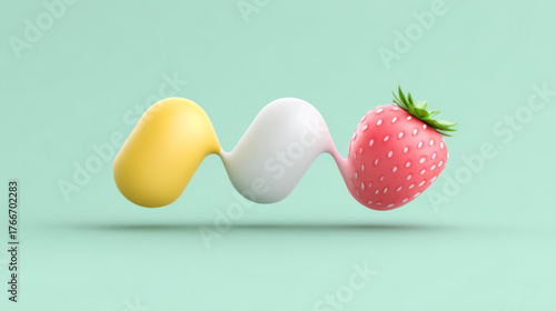 Minimalist 3D rendered pink spotted strawberry connected by a liquid wave shape, yellow, white, and mint green, representing dynamic motion and sweet fruit concept.