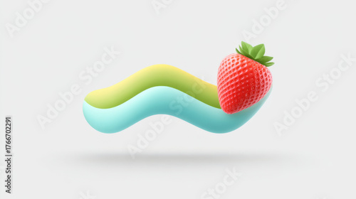 Minimalist 3D rendered red strawberry balancing on layered wavy forms, green, blue, and yellow, representing dynamic equilibrium and organic produce.
