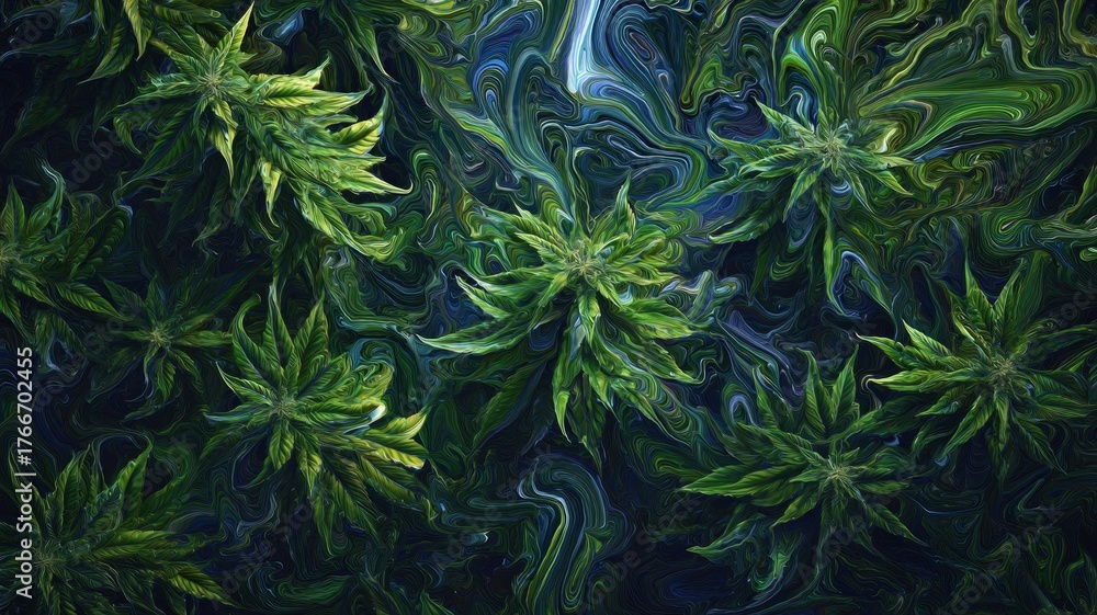 Fototapeta premium Lush greenery in abstract swirl patterns. Artificial intelligence image