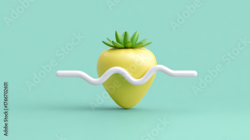 Minimalist 3D rendered yellow carrot-shaped drop balancing on a white wavy line, cute and smooth, representing healthy food and rhythmic movement.