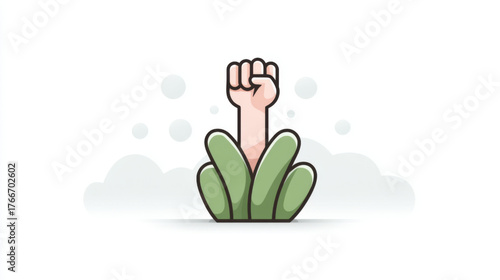 Minimalist vector illustration of a determined fist raised from organic green leaves, strong and simple, representing organic activism and eco-power.