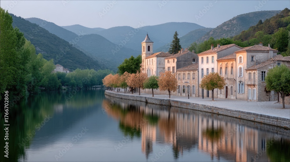 Obraz premium Serene Lakeside European Town at Dawn with Stone Buildings and Tree Lined Promenade Reflecting Calm Water and Green Hills