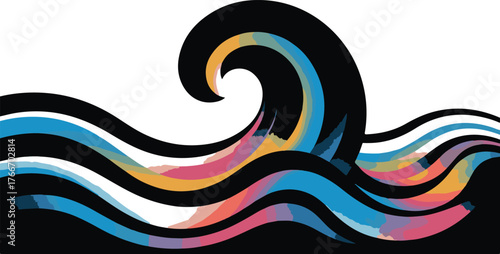 Stylized Wave with Black Outlines and Watercolor Fill Against a Transparent Background