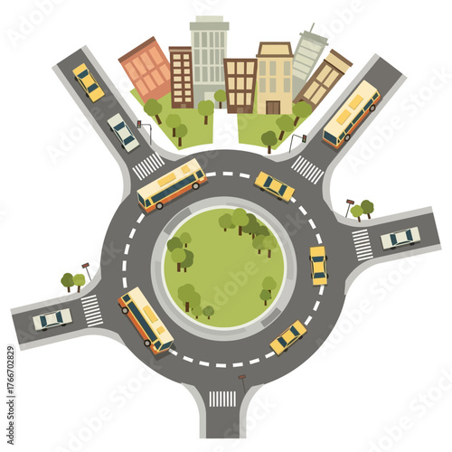An aerial view illustration of a busy city roundabout, showcasing urban transportation with cars and buses navigating the circular junction