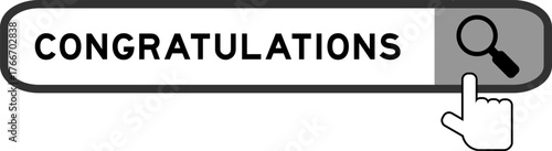 Search banner in word congratulations with hand over magnifier icon on white background