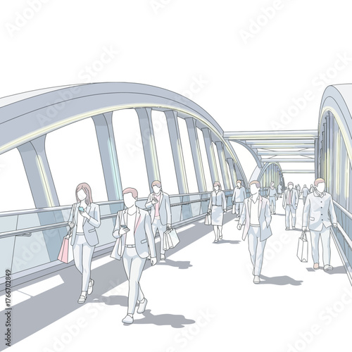 Dynamic illustration of urban commuters walking across a modern architectural bridge, depicting busy city life and pedestrian traffic flow during a typical day