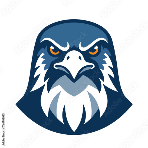 Fierce blue falcon head with sharp orange eyes and white accents bird animal