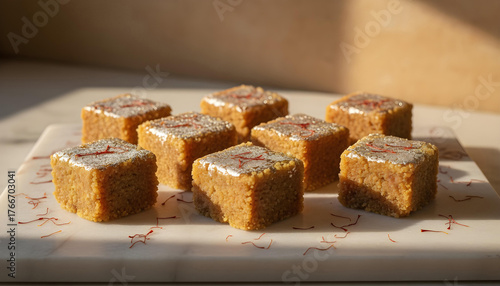 A vibrant still life of an array of Kalakand squares, each with a fine grainy texture, adorned with edible silver leaf (varak