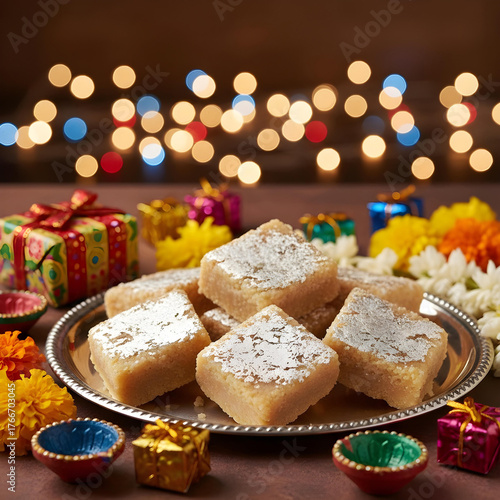 A vibrant still life of an array of Kalakand squares, each with a fine grainy texture, adorned with edible silver leaf (varak