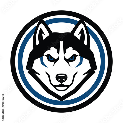 Fierce husky dog face logo emblem with blue eyes and black white accents wolf animal