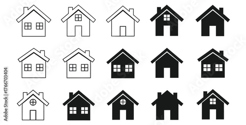 Assorted house icons in black and white showcasing different architectural home designs