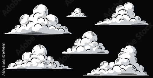 Cartoon clouds floating in a dark sky creating a whimsical and dreamy atmosphere