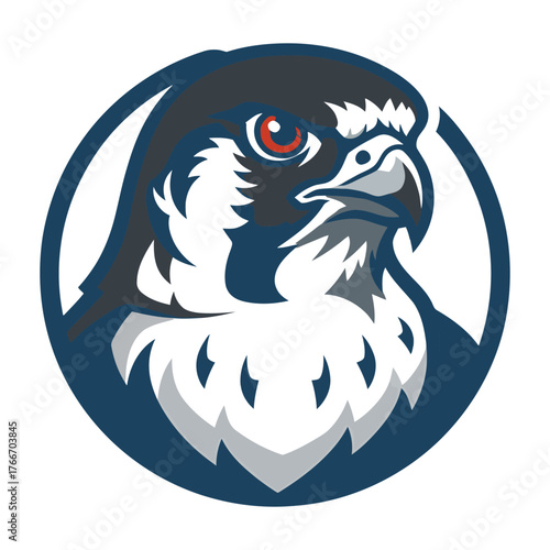 Stylized falcon head emblem with red eye and dark blue circle bird logo