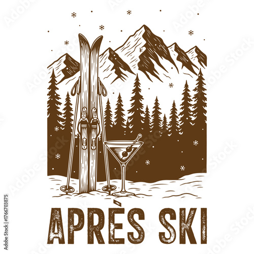 Apres ski scene with skis martini mountains and trees in a vintage brown vector design