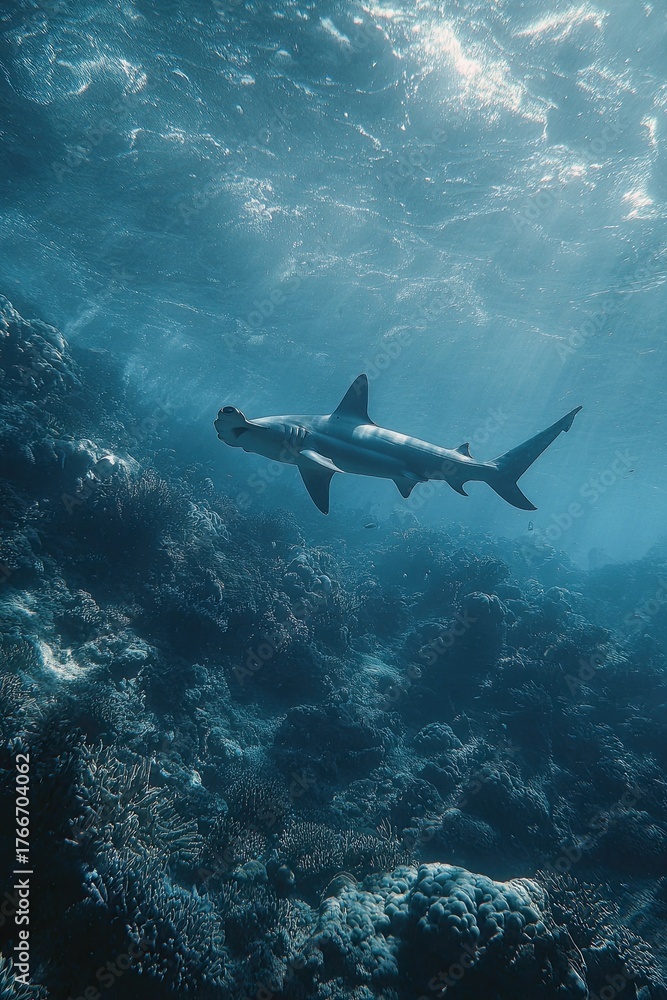 Fototapeta premium A hammerhead shark swims in tropical waters. A diving adventure off the coast