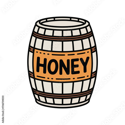 Honey Barrel: Sweet Elixir, Golden Nectar, Natural Sweetener, Rustic Storage, Apiary Product, Culinary Ingredient Illustration