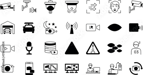 Vector art of collection of security and technology icons including surveillance cameras, facial recognition, garage door, car, night vision, wifi, ir camera, eye scan, id card, video play button, mic
