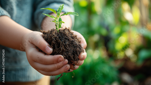 子供の手に育つ未来の苗の光景