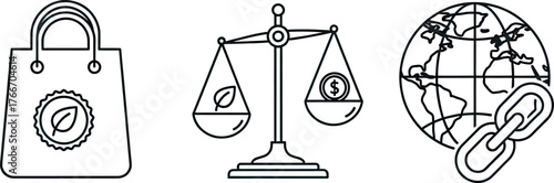 Vector art of collection of three outline icons representing shopping bag with leaf, scales of justice with coin, and globe with chain link