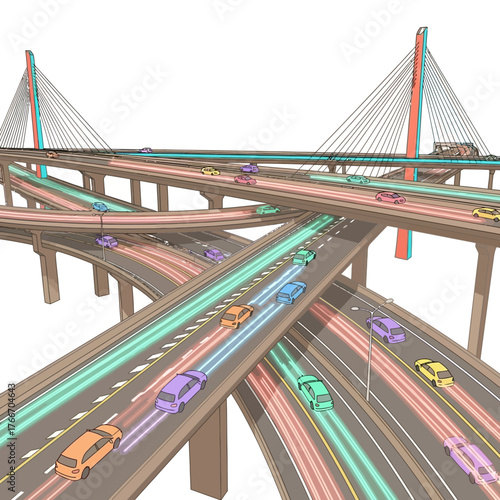 Conceptual illustration of a futuristic smart city with autonomous vehicles navigating a complex multi-level highway interchange and bridge