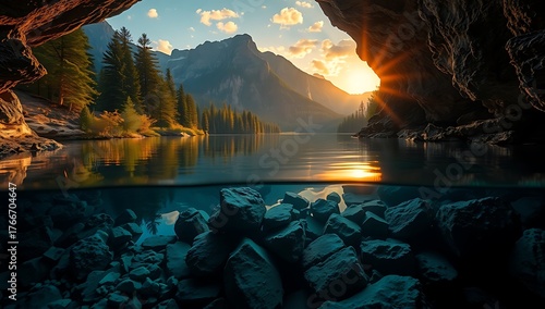 Lake view from cave with underwater rocks and mountains at sunset reflecting in the water