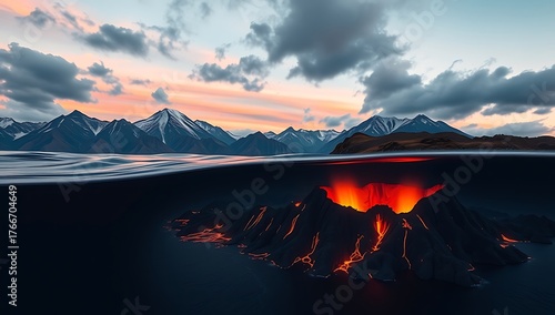 A split view of mountains and sunset over water with an underwater volcano erupting with lava