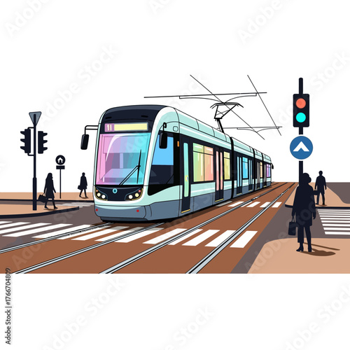 Modern Tram Transportation in Urban Environment Illustration Crossing, Passengers, and Signal Lights