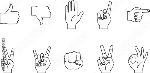 Vector art of collection of ten hand gesture icons, including thumbs up, thumbs down, open palm, pointing finger, and more